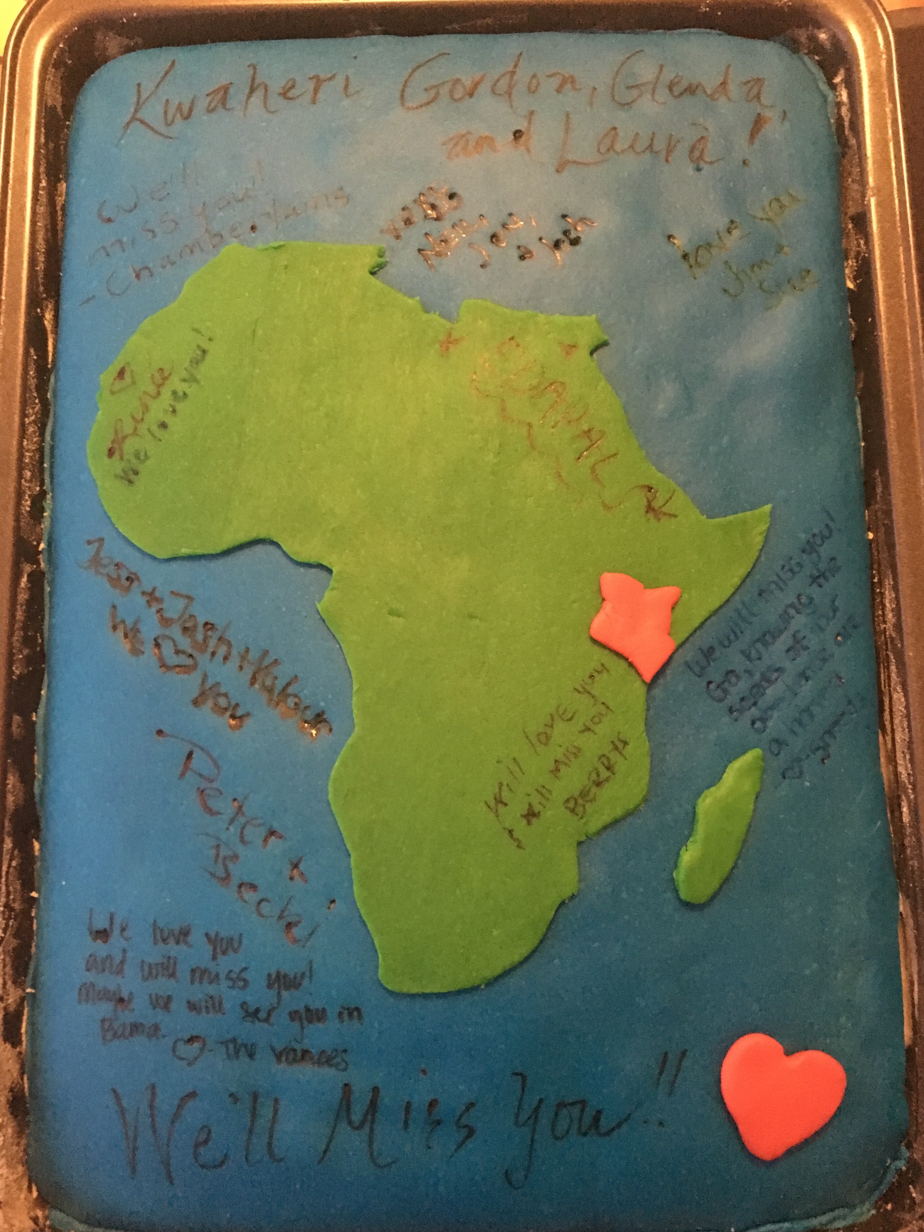 Africa shaped farewell cake with Kenya highlighted