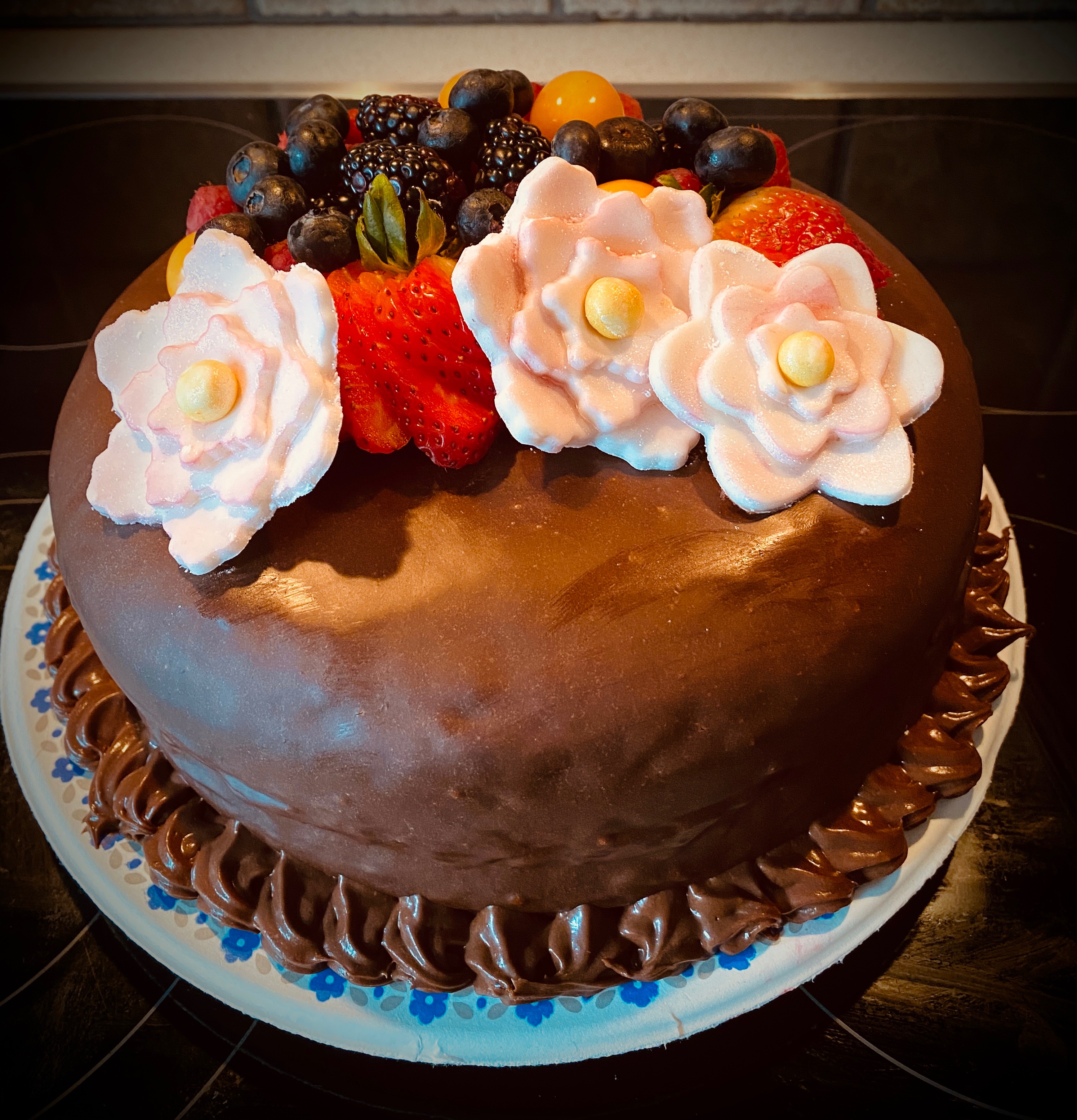Chocolage Cake with Custom Made Flowers and Berries