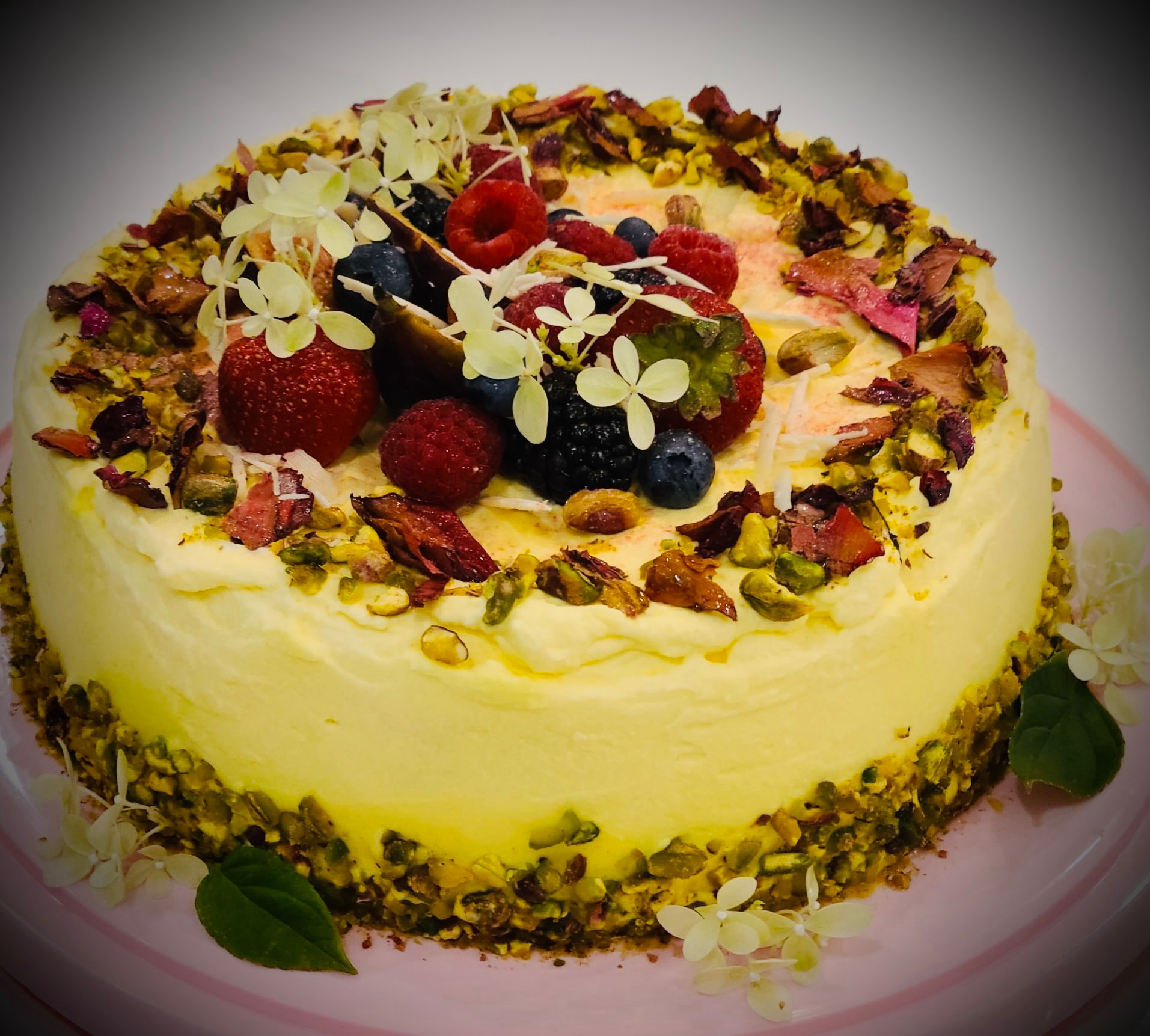 Persian Love Cake with rose water, cardamom, and pistachios